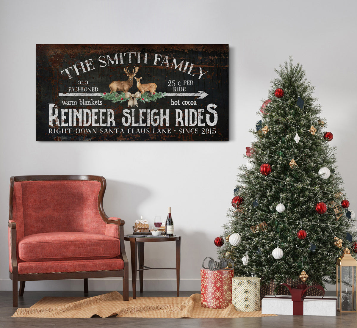 Custom Reindeer Sleigh Rides Sign Right Down Santa Claus Lane Established Date Personalized Family Name Sign Reindeer Sign Large Canvas Art