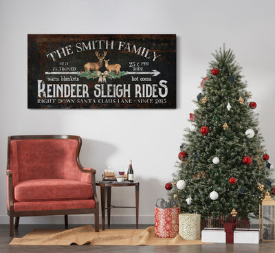Custom Reindeer Sleigh Rides Sign Right Down Santa Claus Lane Established Date Personalized Family Name Sign Reindeer Sign Large Canvas Art