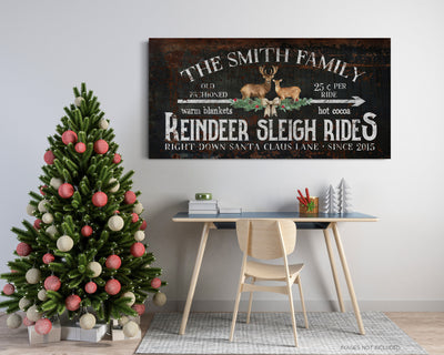 Custom Reindeer Sleigh Rides Sign Right Down Santa Claus Lane Established Date Personalized Family Name Sign Reindeer Sign Large Canvas Art