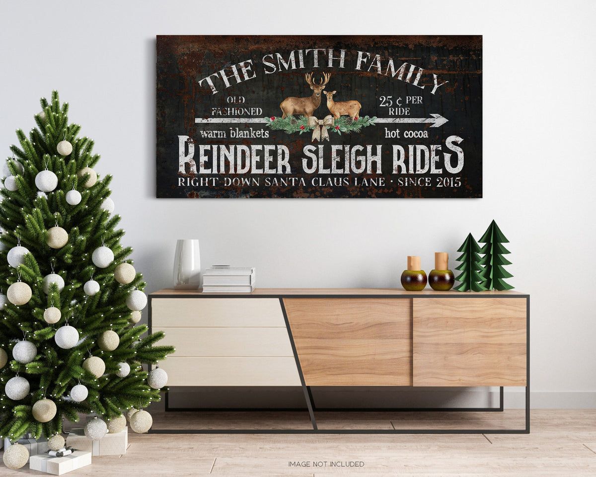 Custom Reindeer Sleigh Rides Sign Right Down Santa Claus Lane Established Date Personalized Family Name Sign Reindeer Sign Large Canvas Art