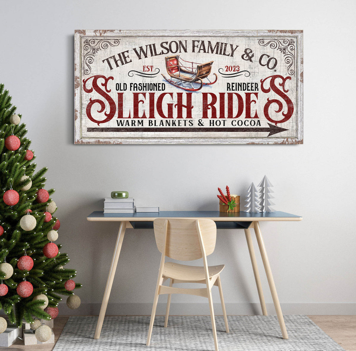 Personalized Sleigh Rides Sign, Holiday Seasonal Home Decor, Custom Christmas Decor, Vintage Nostalgic Xmas Decor, Farmhouse Christmas Decor