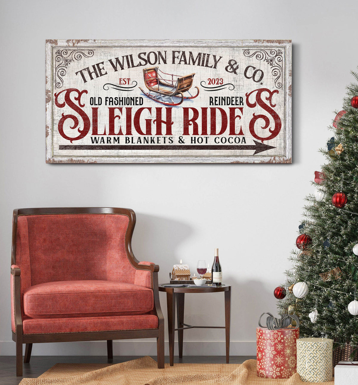 Personalized Sleigh Rides Sign, Holiday Seasonal Home Decor, Custom Christmas Decor, Vintage Nostalgic Xmas Decor, Farmhouse Christmas Decor