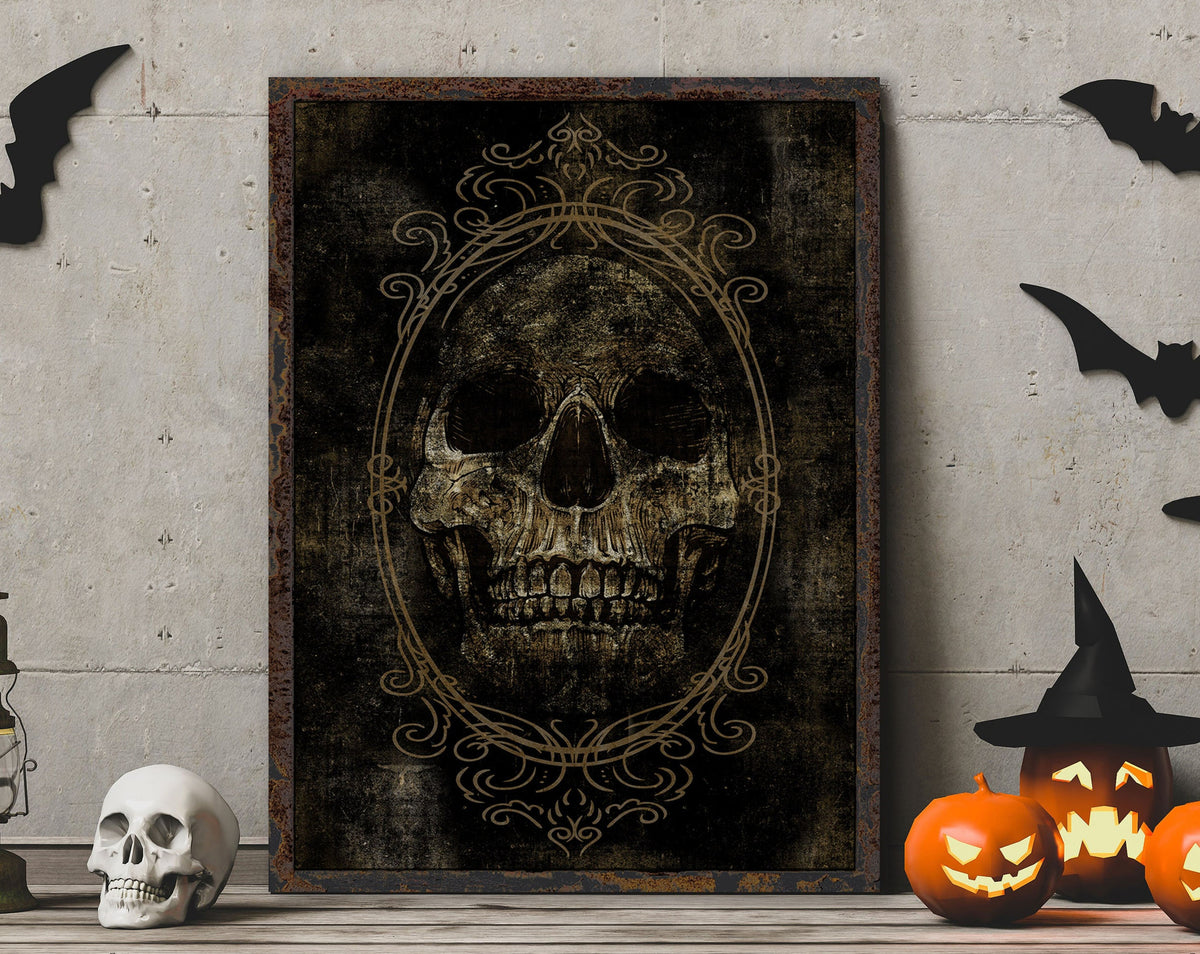 Scary Halloween Decor Screaming Skull Fall Holiday Canvas Wall Art, Creepy Gothic Home Decoration Vintage Victorian Macabre Mantel Artwork