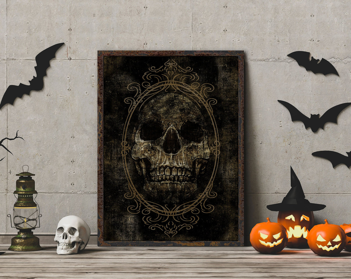 Scary Halloween Decor Screaming Skull Fall Holiday Canvas Wall Art, Creepy Gothic Home Decoration Vintage Victorian Macabre Mantel Artwork
