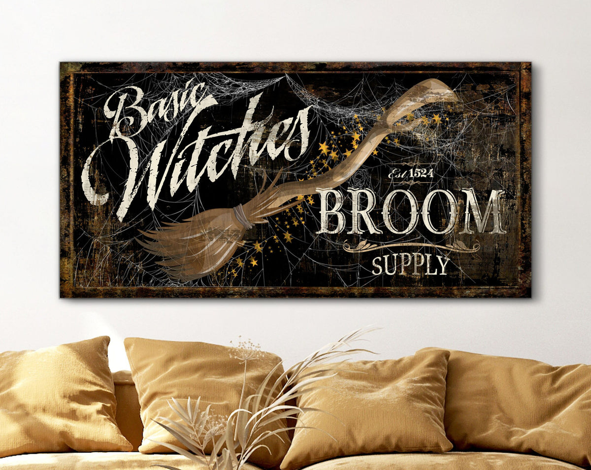 Gothic Halloween Decor Basic Witches Broom Supply Creepy Primitive Fall Sign, Medieval Spooky Vintage Dark Academia Spider Web Decoration