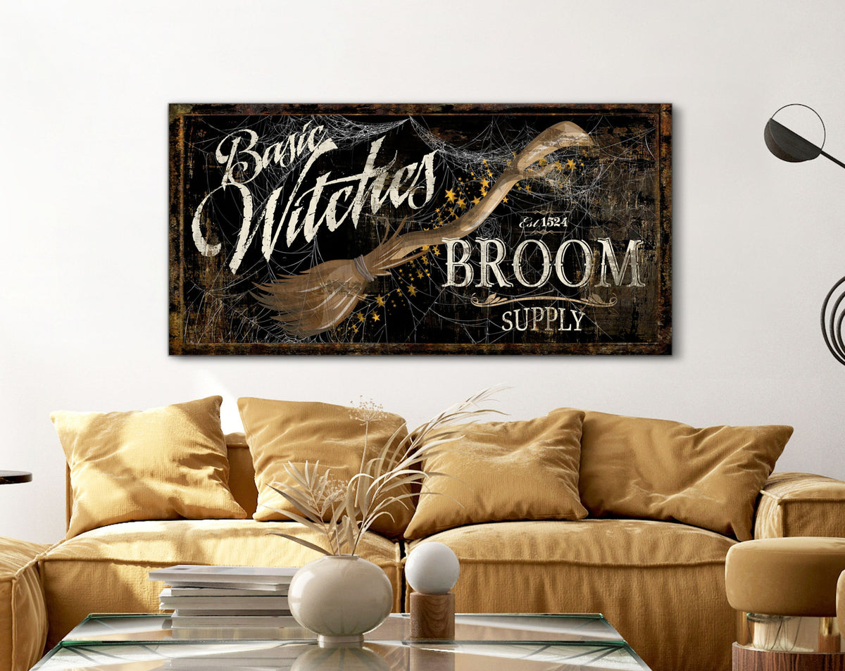 Gothic Halloween Decor Basic Witches Broom Supply Creepy Primitive Fall Sign, Medieval Spooky Vintage Dark Academia Spider Web Decoration