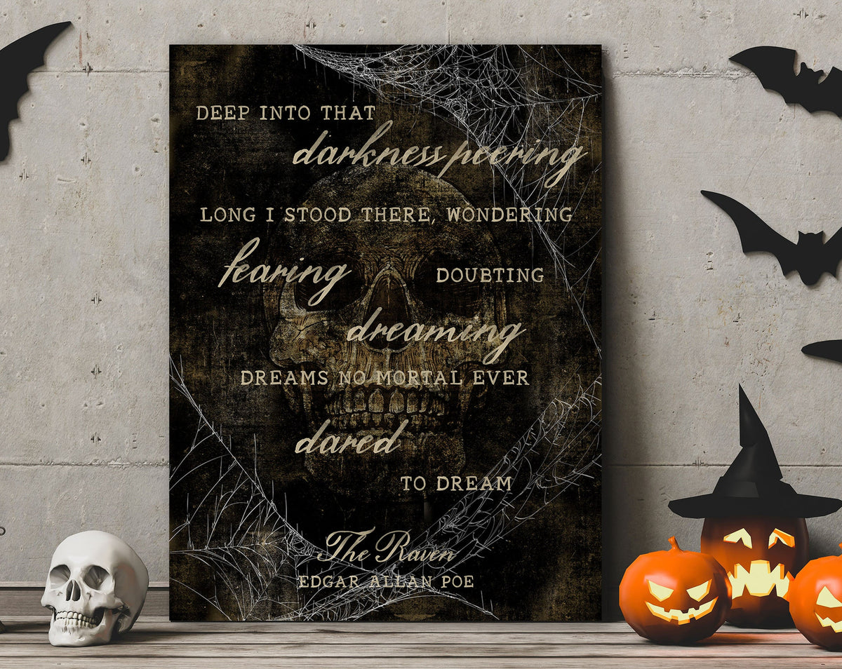 Scary Halloween Decor Edgar Allan Poe The Raven Creepy Quote Canvas Wall Art, Gothic Decoration Vintage Victorian Macabre Mantel Artwork