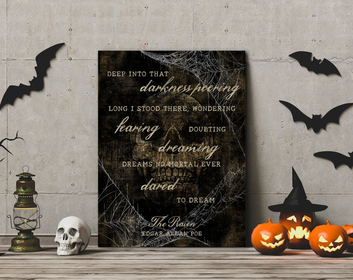 Scary Halloween Decor Edgar Allan Poe The Raven Creepy Quote Canvas Wall Art, Gothic Decoration Vintage Victorian Macabre Mantel Artwork