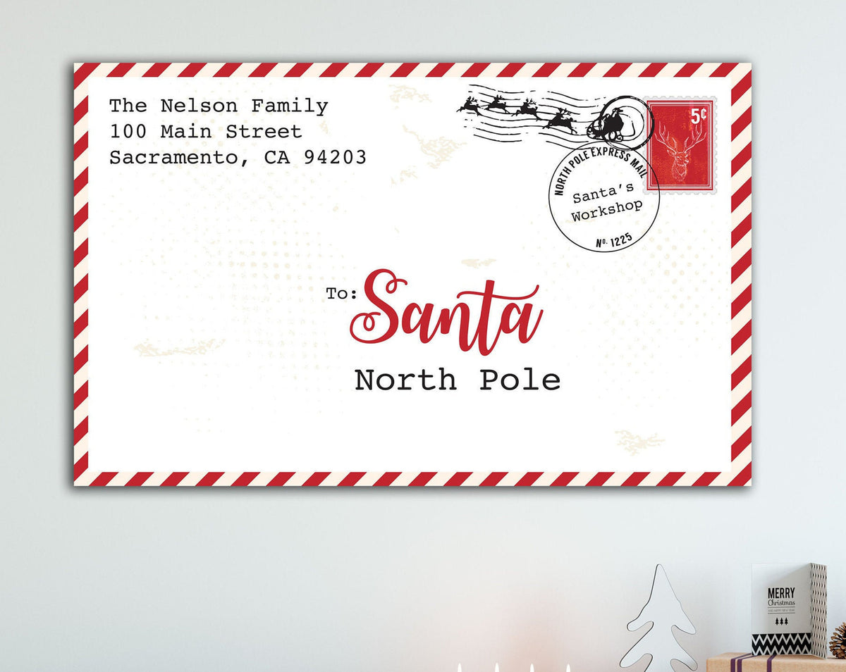 Farmhouse Christmas Sign, North Pole Letter To Santa Wall Decor, Personalized Rustic Holiday Family Canvas Print, Fun Traditional Decoration