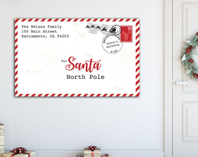 Farmhouse Christmas Sign, North Pole Letter To Santa Wall Decor, Personalized Rustic Holiday Family Canvas Print, Fun Traditional Decoration