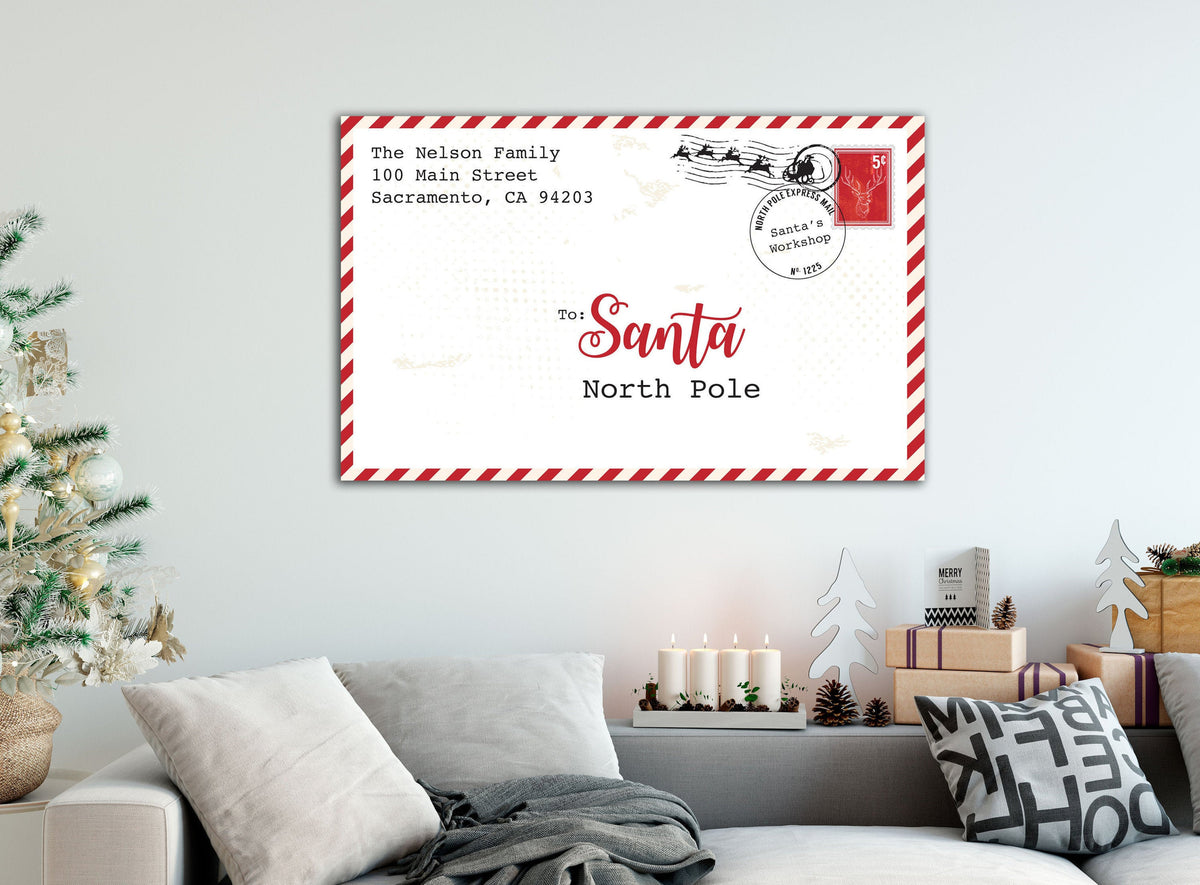 Farmhouse Christmas Sign, North Pole Letter To Santa Wall Decor, Personalized Rustic Holiday Family Canvas Print, Fun Traditional Decoration
