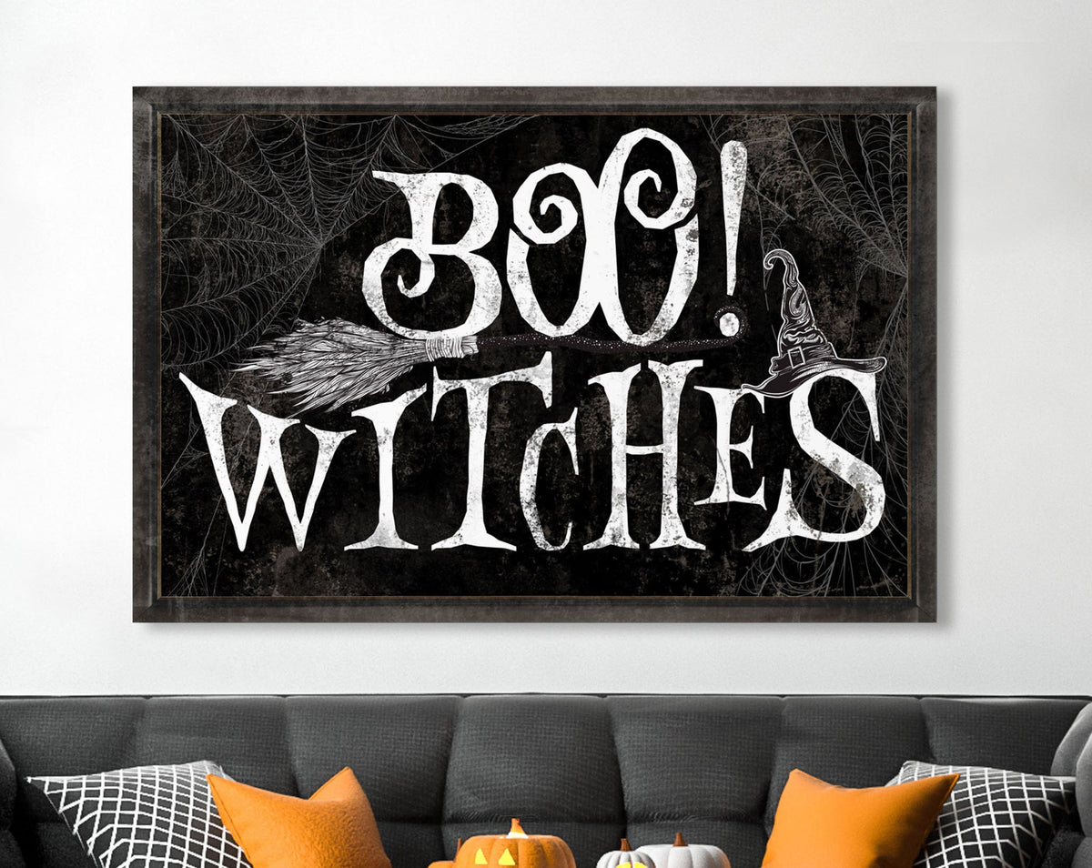 Creepy Gothic Decor Happy Halloween Funny Cute Whimsical Primitive Fall Sign, Medieval Spooky Vintage Boo Witches Hat Broom Canvas Art Print