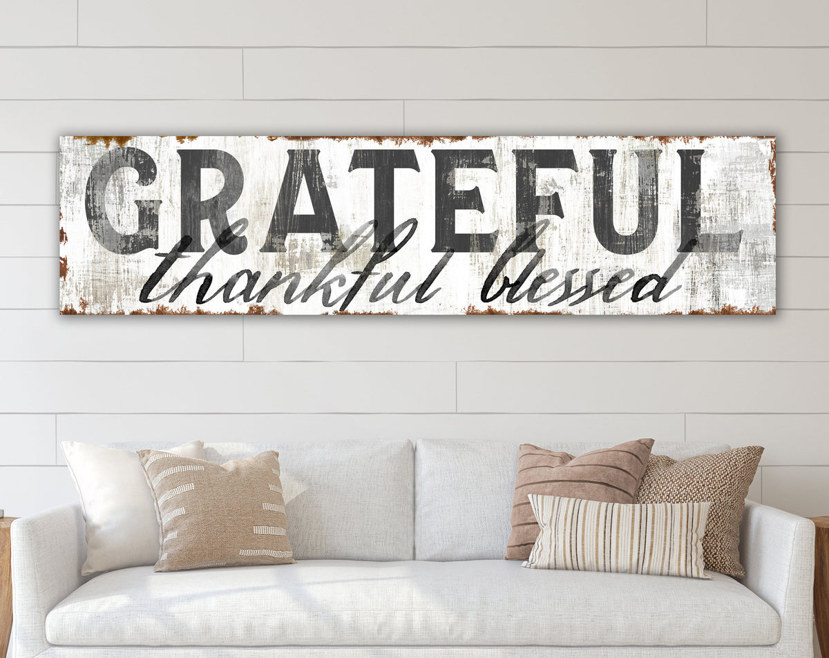 Modern Farmhouse Wall Decor Rustic Fall Sign, Grateful Thankful Blessed Autumn Home Decor, Industrial Vintage Thanksgiving Wall Art Print