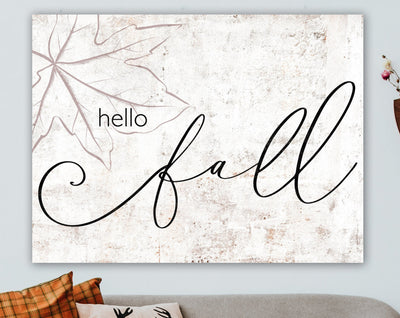 Minimalist Hello Fall Sign Autumn Wall Decor Rustic Thanksgiving Decoration Large Neutral Canvas Print, French Country Shabby Holiday Art
