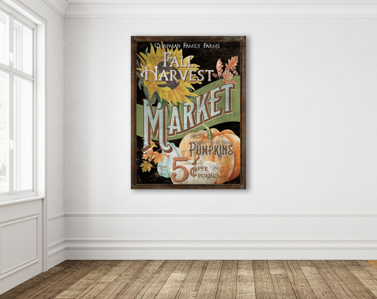 Personalized Farmers Market Fall Sign French Country Wall Decor, Pick Your Own Pumpkins & Sunflowers Colorful Seasonal Autumn Canvas Print