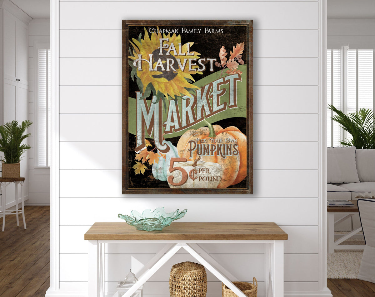 Personalized Farmers Market Fall Sign French Country Wall Decor, Pick Your Own Pumpkins & Sunflowers Colorful Seasonal Autumn Canvas Print