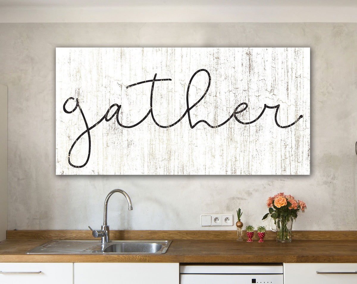 Rustic Gather Sign Modern Farmhouse Wall Decor Shabby French Country Canvas Art Print For Dining Room Cottage Chic Family Housewarming Gift