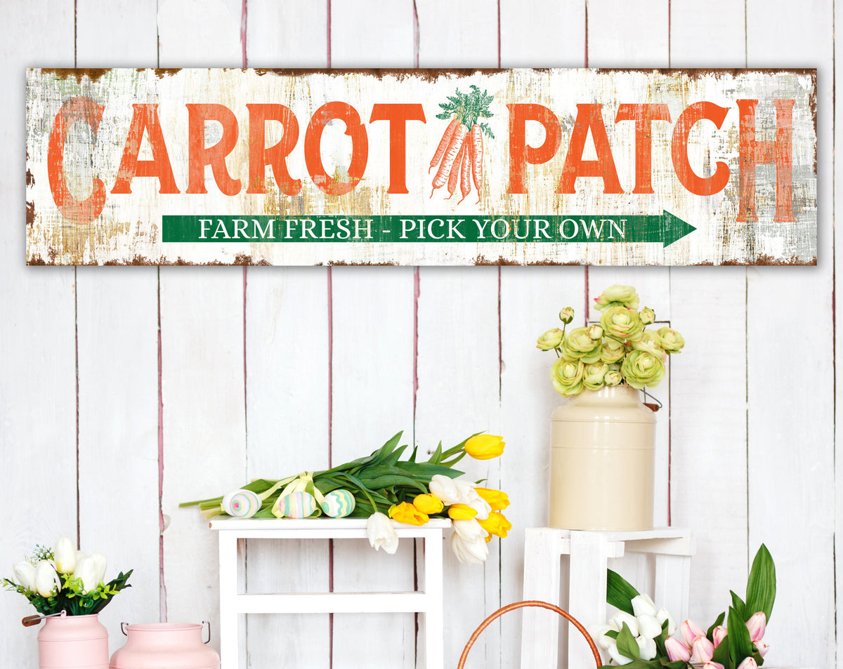 Modern Farmhouse Wall Decor, Carrot Patch Vintage Spring Time Canvas Art Print, Rustic Spring Gardening Sign, Home Grown Farm Fresh Hanging