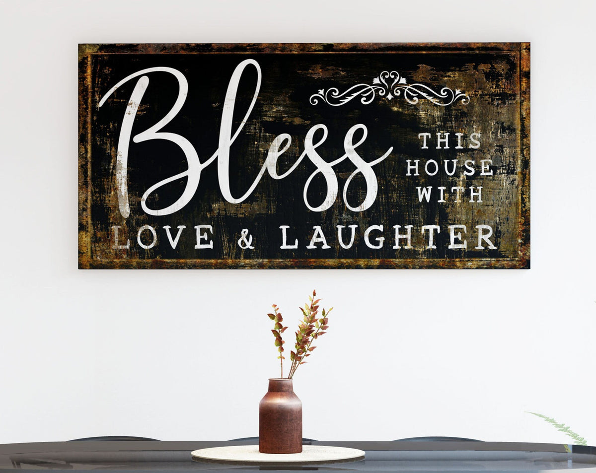 Bless This House With Love & Laughter Prayer Canvas Print, Modern Farmhouse Wall Decor, Rustic Living/Entryway Home Artwork, Religious Art