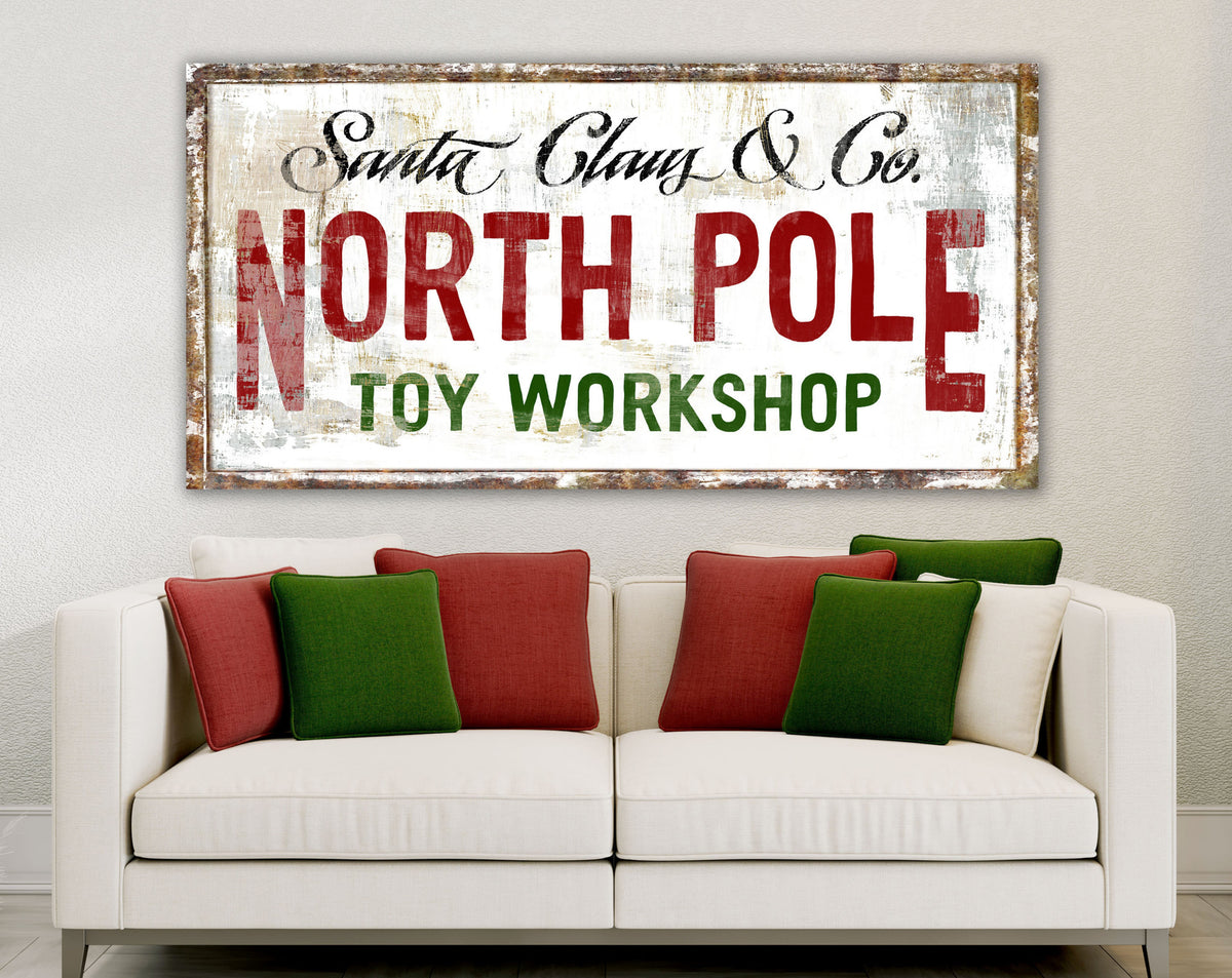 Primitive Rustic Santa Claus North Pole Workshop Cozy Nostalgic Country Holiday Wall Art, Vintage Christmas Sign Modern Farmhouse Wall Decor