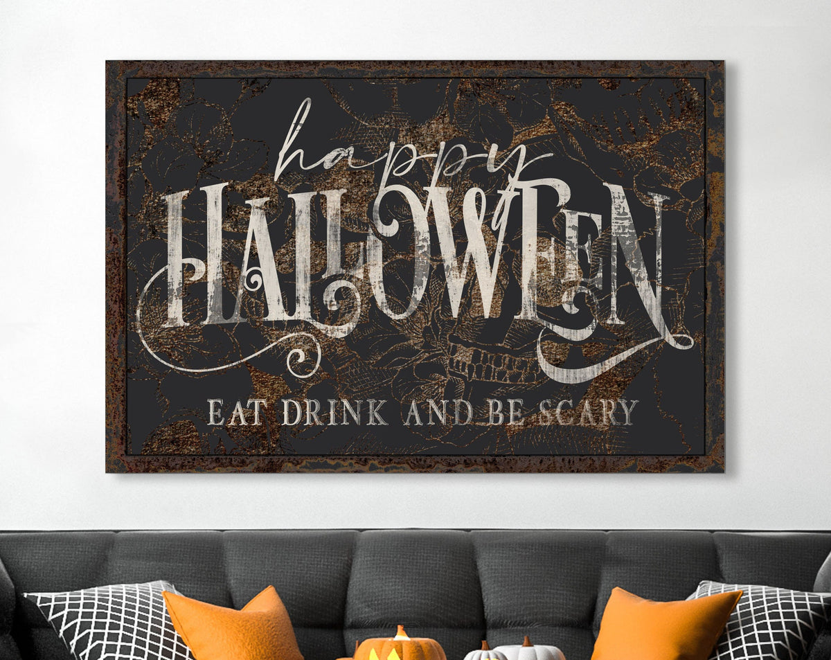 Seasonal Gothic Decor Happy Halloween Creepy Primitive Fall Sign, Medieval Spooky Vintage Dark Academia Skull Skeleton Canvas Art Print