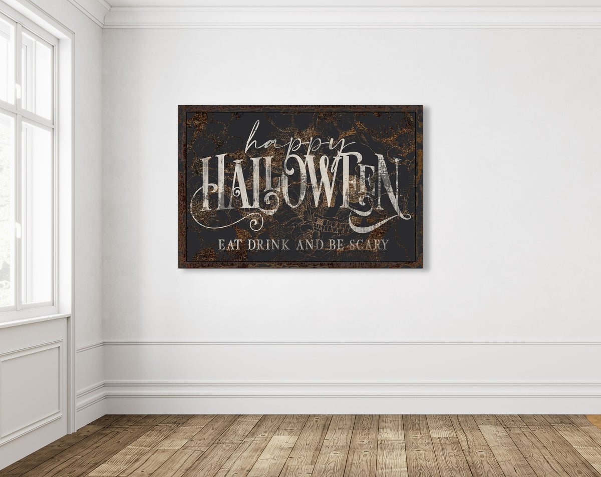 Seasonal Gothic Decor Happy Halloween Creepy Primitive Fall Sign, Medieval Spooky Vintage Dark Academia Skull Skeleton Canvas Art Print