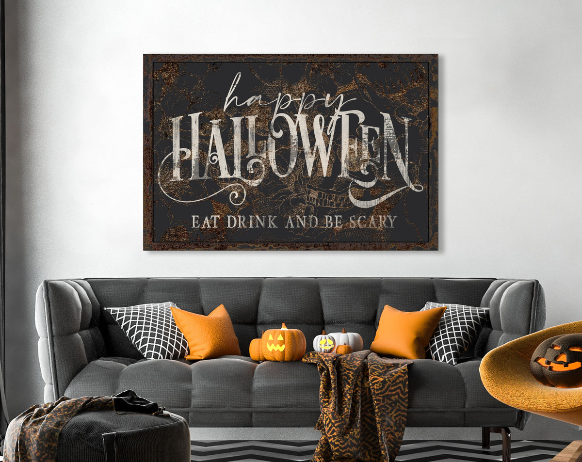 Seasonal Gothic Decor Happy Halloween Creepy Primitive Fall Sign, Medieval Spooky Vintage Dark Academia Skull Skeleton Canvas Art Print
