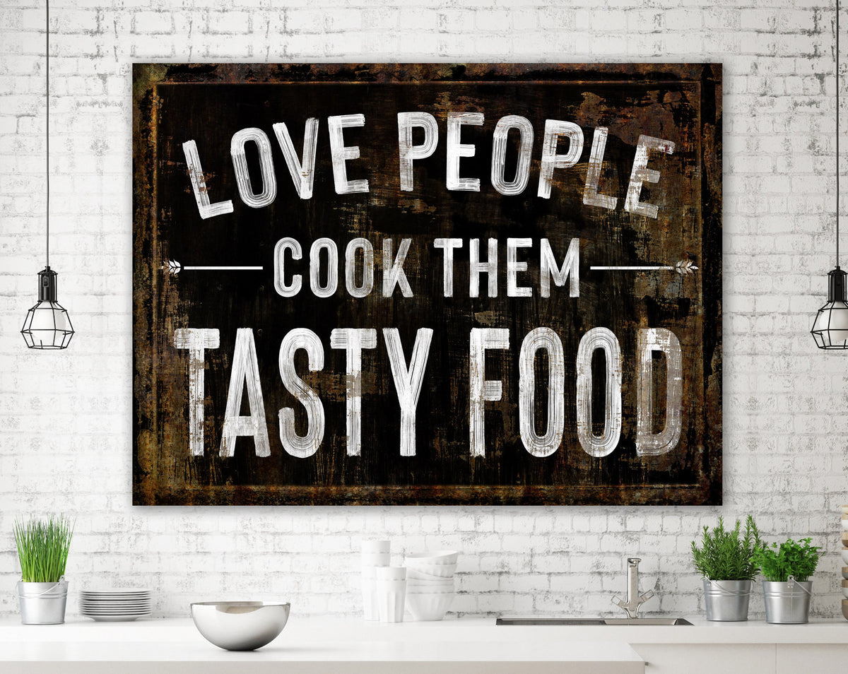 Modern Farmhouse Wall Decor Love People Cook Them Tasty Food Sign, Shabby Rustic Kitchen Sign Cottage Kitchen Wall Decor Art Food Lover Gift