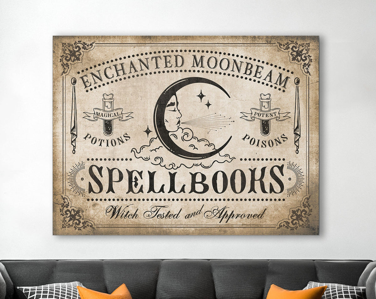 Vintage Halloween Decor Gothic Medieval Celestial Spellbooks Sign, Dark Academia Magic Spell Artwork Large Hanging Canvas Wall Art Print