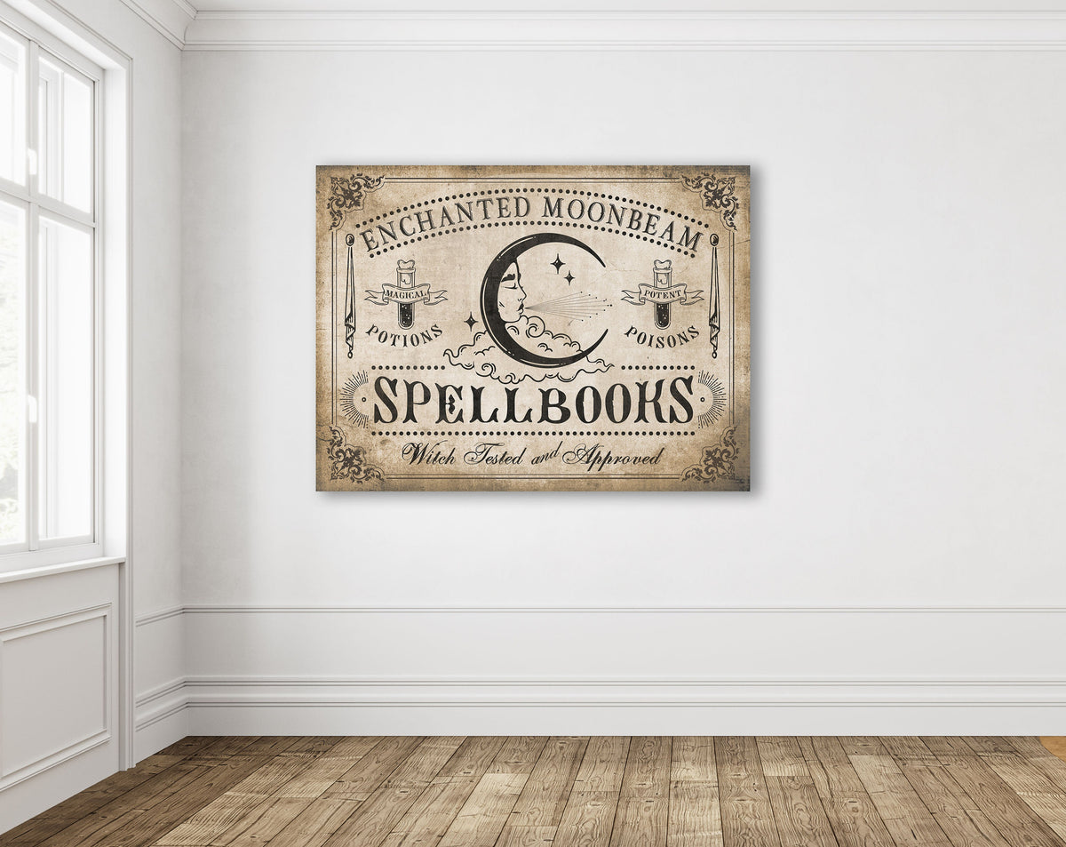 Vintage Halloween Decor Gothic Medieval Celestial Spellbooks Sign, Dark Academia Magic Spell Artwork Large Hanging Canvas Wall Art Print