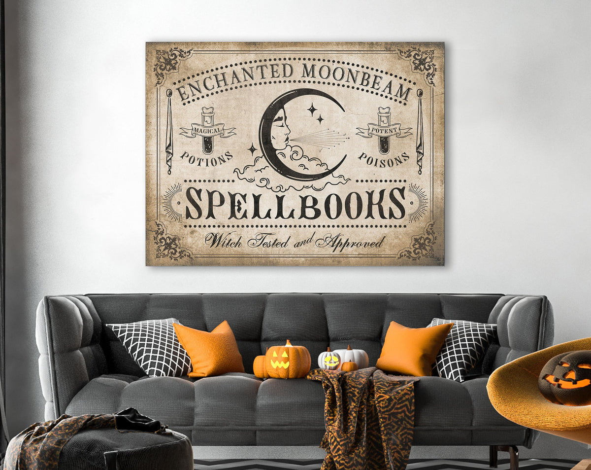 Vintage Halloween Decor Gothic Medieval Celestial Spellbooks Sign, Dark Academia Magic Spell Artwork Large Hanging Canvas Wall Art Print