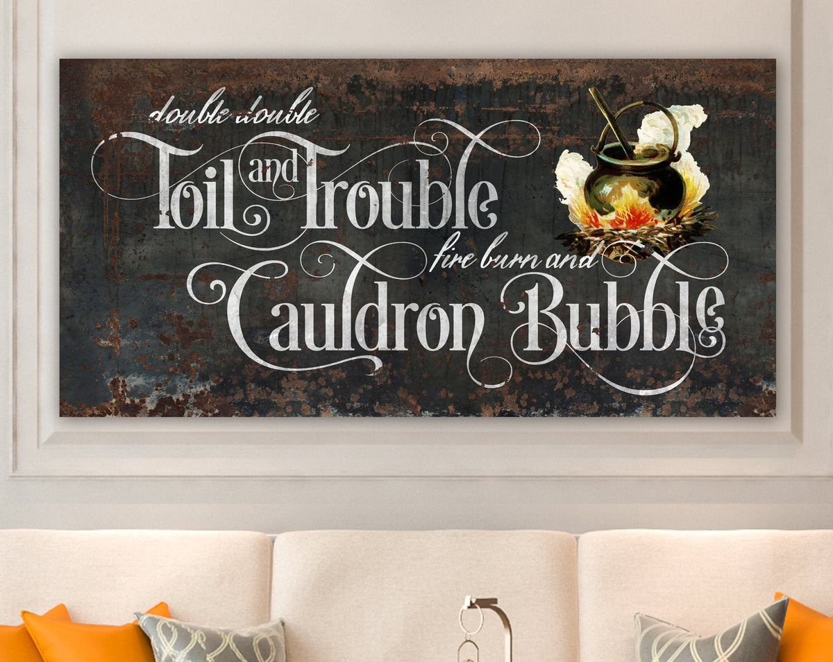Industrial Gothic Halloween Decor, Double Double Toil And Trouble Creepy Rustic Fall Sign, Medieval Spooky Vintage Farmhouse Wall Decor Art