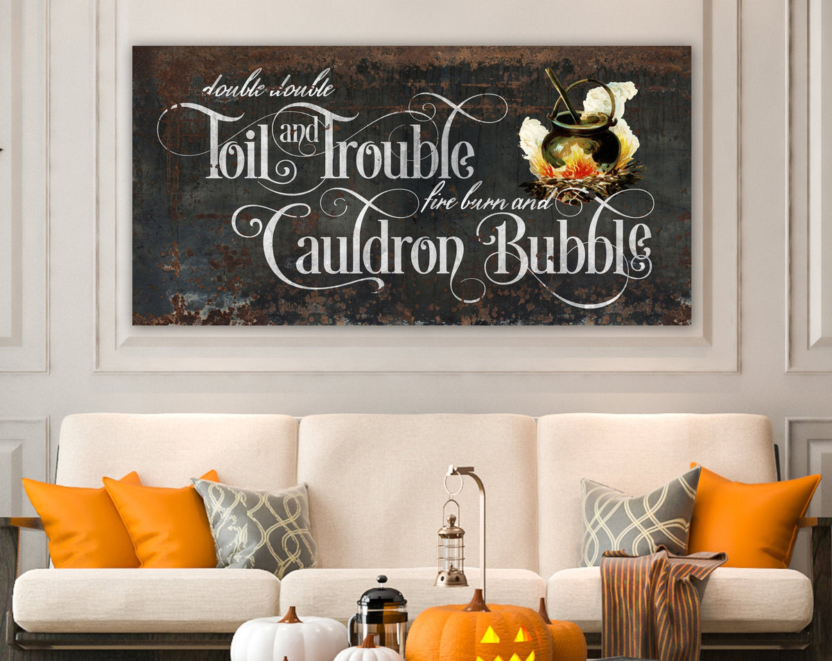 Industrial Gothic Halloween Decor, Double Double Toil And Trouble Creepy Rustic Fall Sign, Medieval Spooky Vintage Farmhouse Wall Decor Art