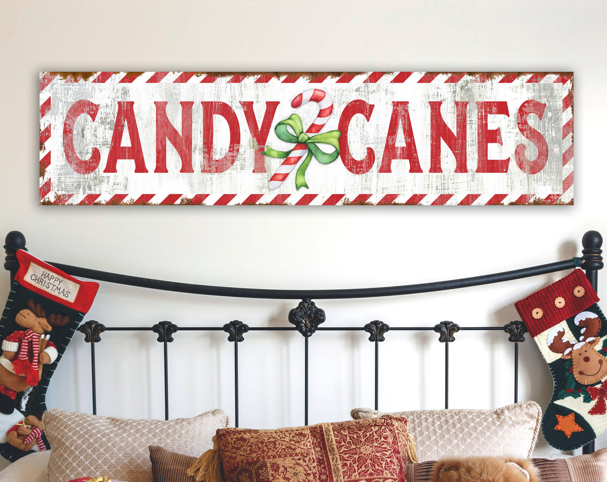Candy Canes Rustic Christmas Sign, Vintage Primitive Festive Holiday Wall Decor, Shabby Farmhouse Wall Decor Traditional Christmas Wall Art