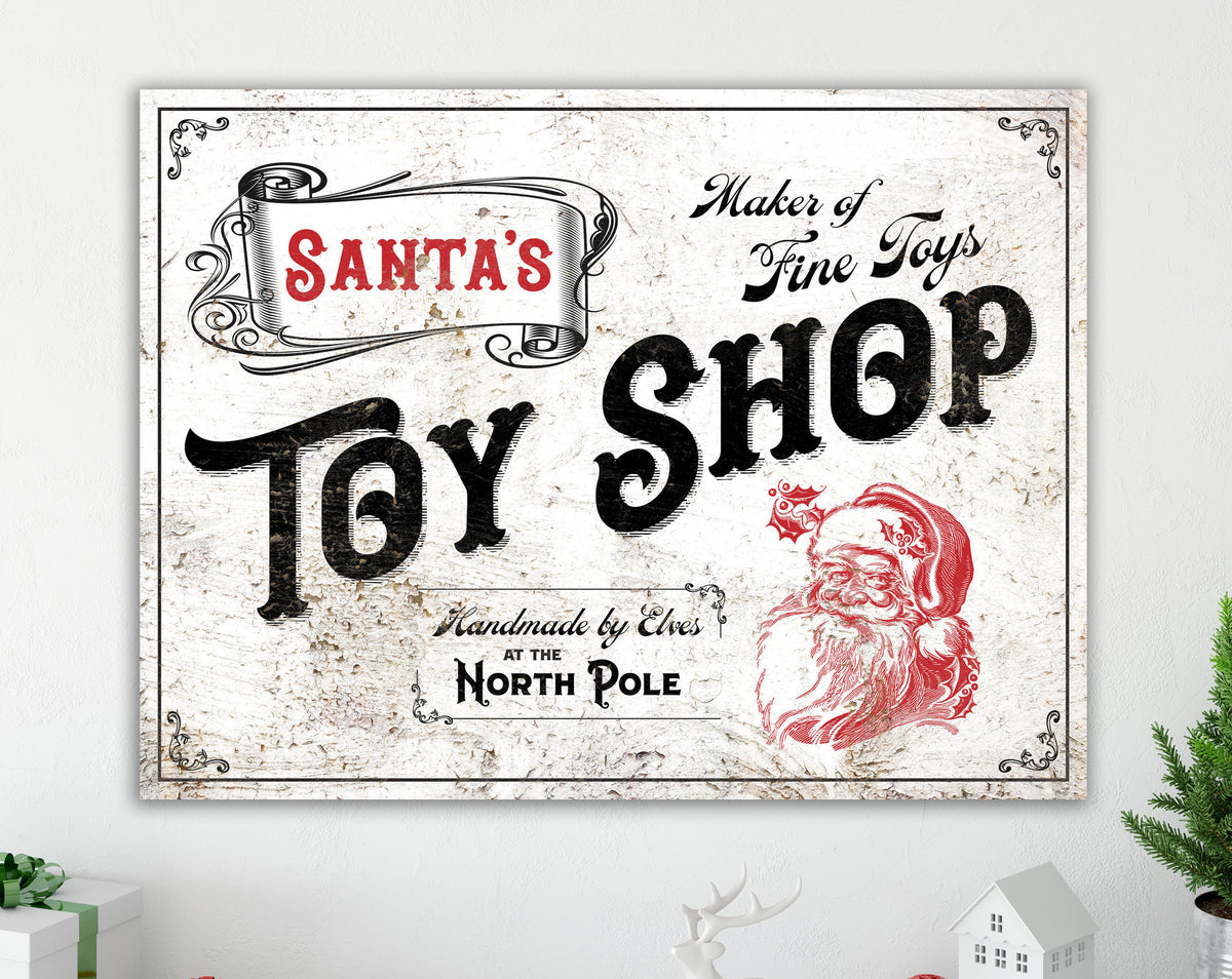 Rustic Christmas Wall Decor, Santa Toy Shop Nostalgic Vintage Art, Farmhouse Christmas Sign, Red & White Traditional Holiday Decoration