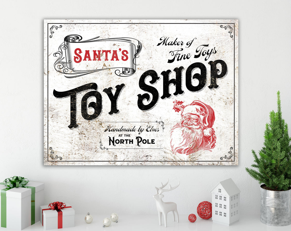 Rustic Christmas Wall Decor, Santa Toy Shop Nostalgic Vintage Art, Farmhouse Christmas Sign, Red & White Traditional Holiday Decoration