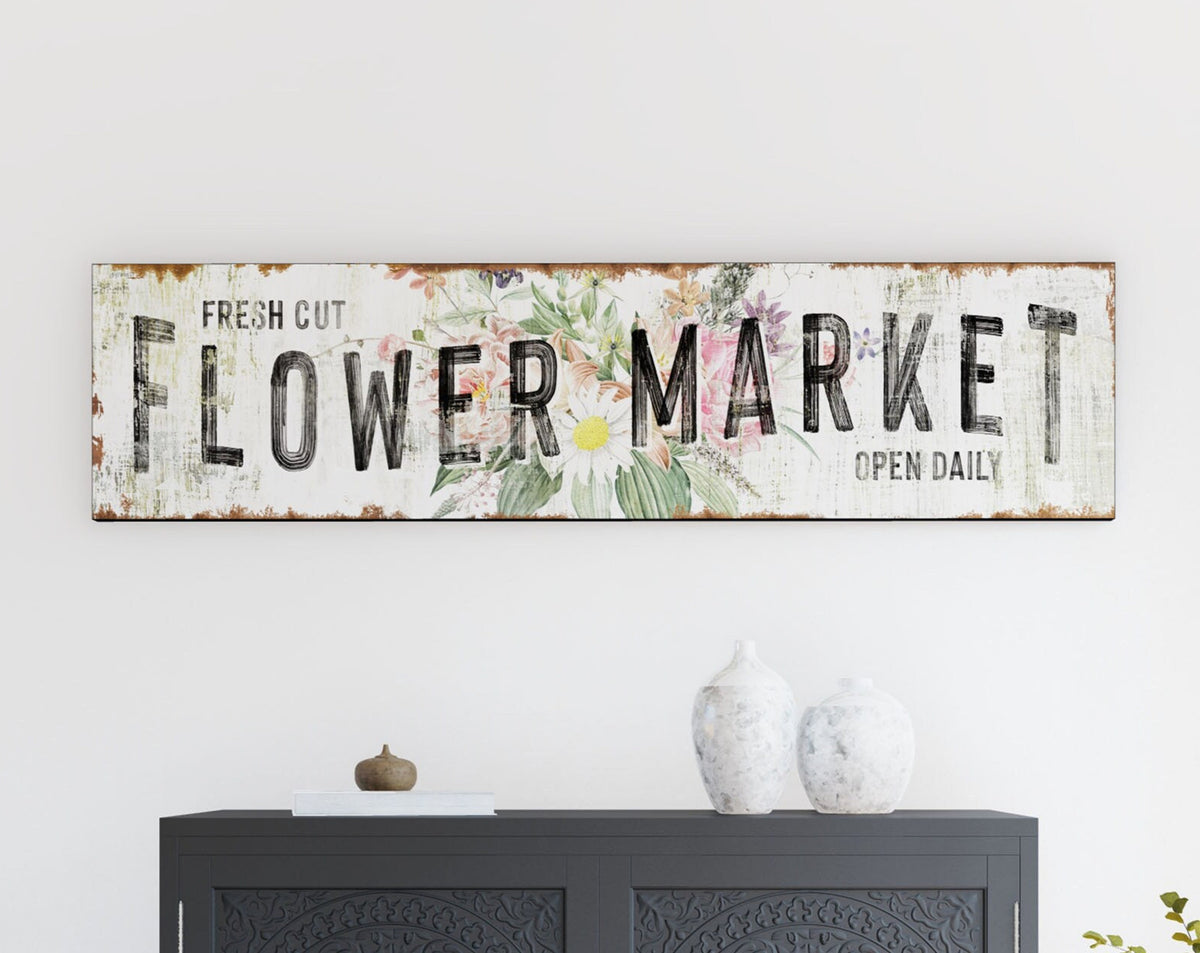 Vintage Farmhouse Wall Decor Rustic Chic Flower Market Sign, Industrial Modern Kitchen Sign Canvas Art Print, Primitive Country Home Artwork