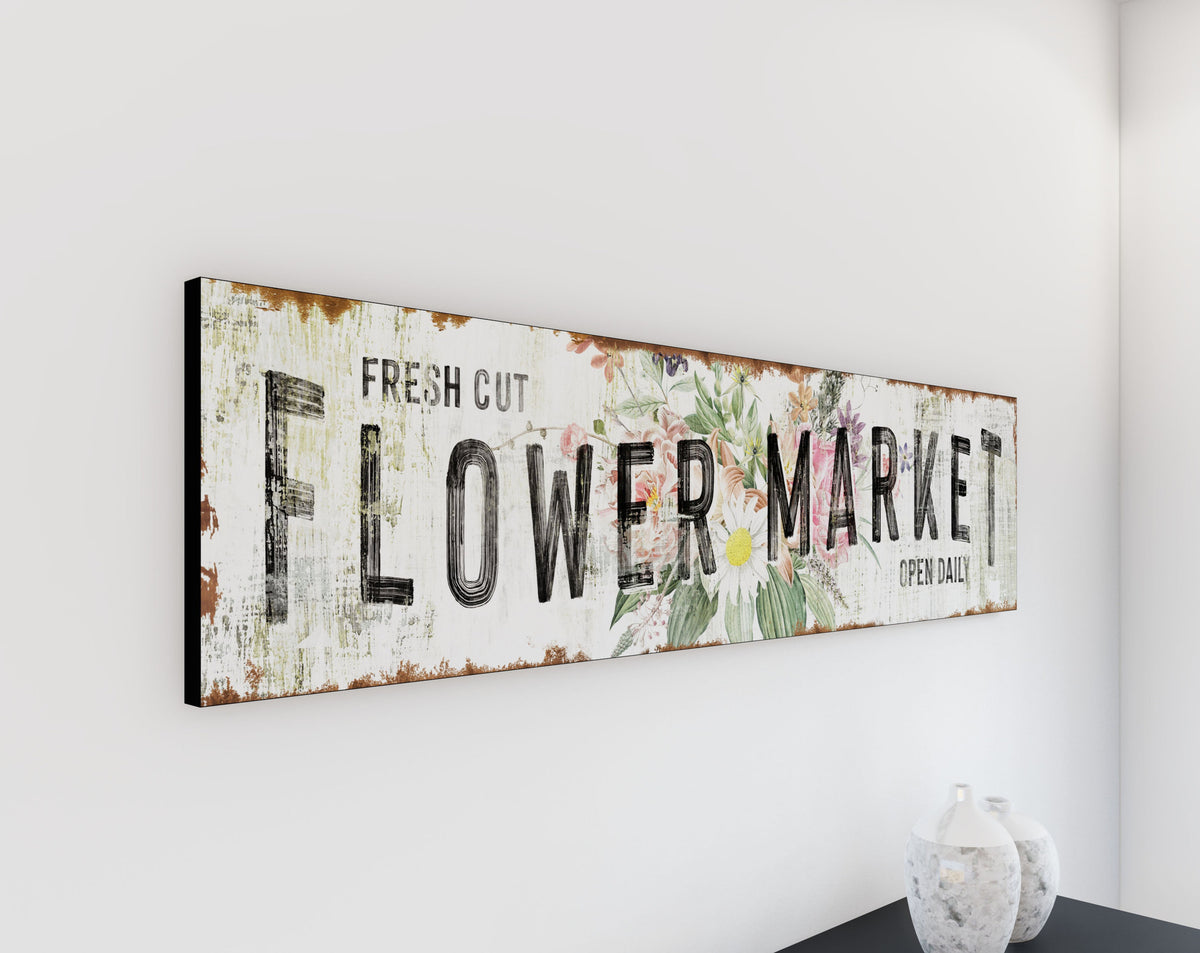 Vintage Farmhouse Wall Decor Rustic Chic Flower Market Sign, Industrial Modern Kitchen Sign Canvas Art Print, Primitive Country Home Artwork