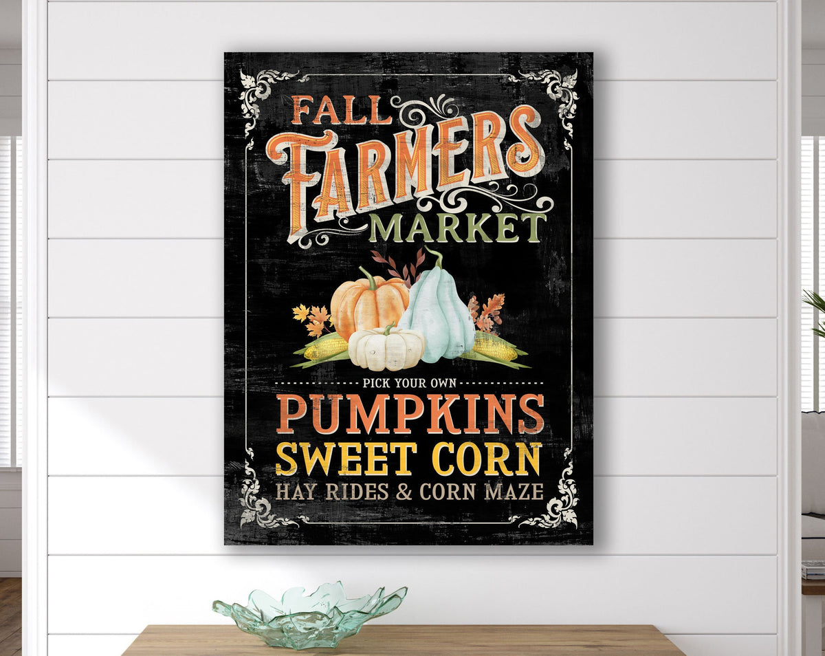 Rustic Fall Decor Farmers Market Sign French Country Pick Your Own Pumpkins & Sweet Corn Boho Colorful Seasonal Autumn Canvas Wall Art Print