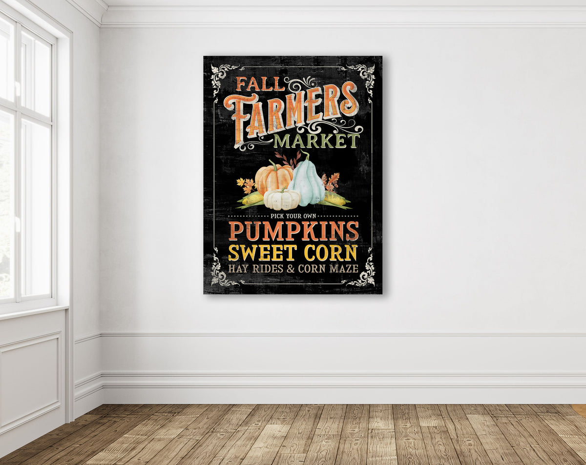 Rustic Fall Decor Farmers Market Sign French Country Pick Your Own Pumpkins & Sweet Corn Boho Colorful Seasonal Autumn Canvas Wall Art Print