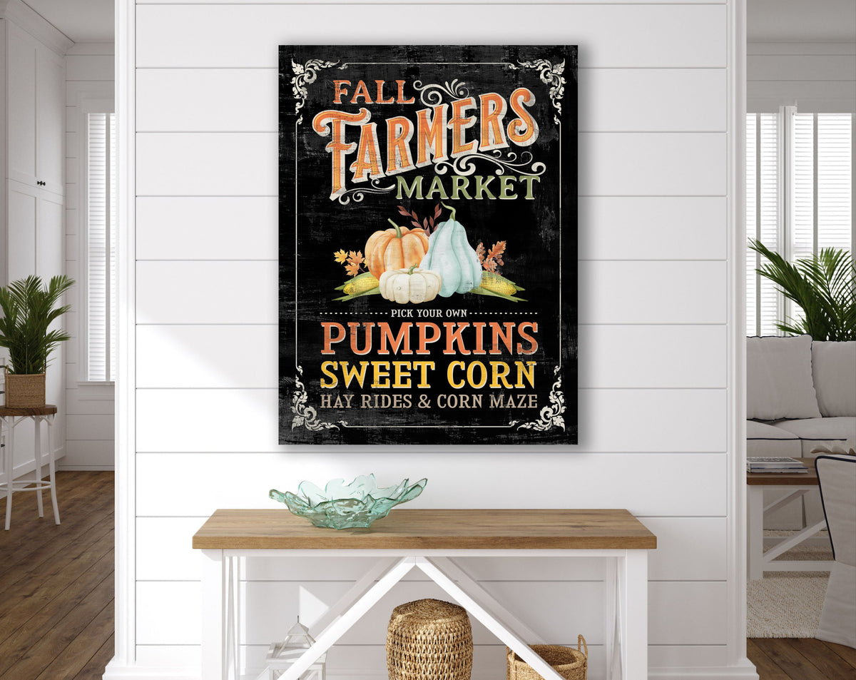 Rustic Fall Decor Farmers Market Sign French Country Pick Your Own Pumpkins & Sweet Corn Boho Colorful Seasonal Autumn Canvas Wall Art Print