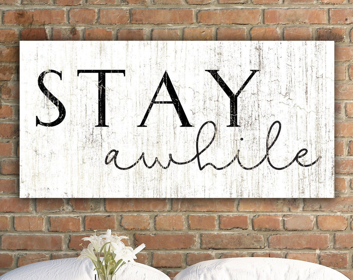 Modern Farmhouse Stay Awhile Canvas Art Print, Black And White Welcome Entryway Sign, Minimalist Wall Decor For Foyer, Neutral Greeting Art