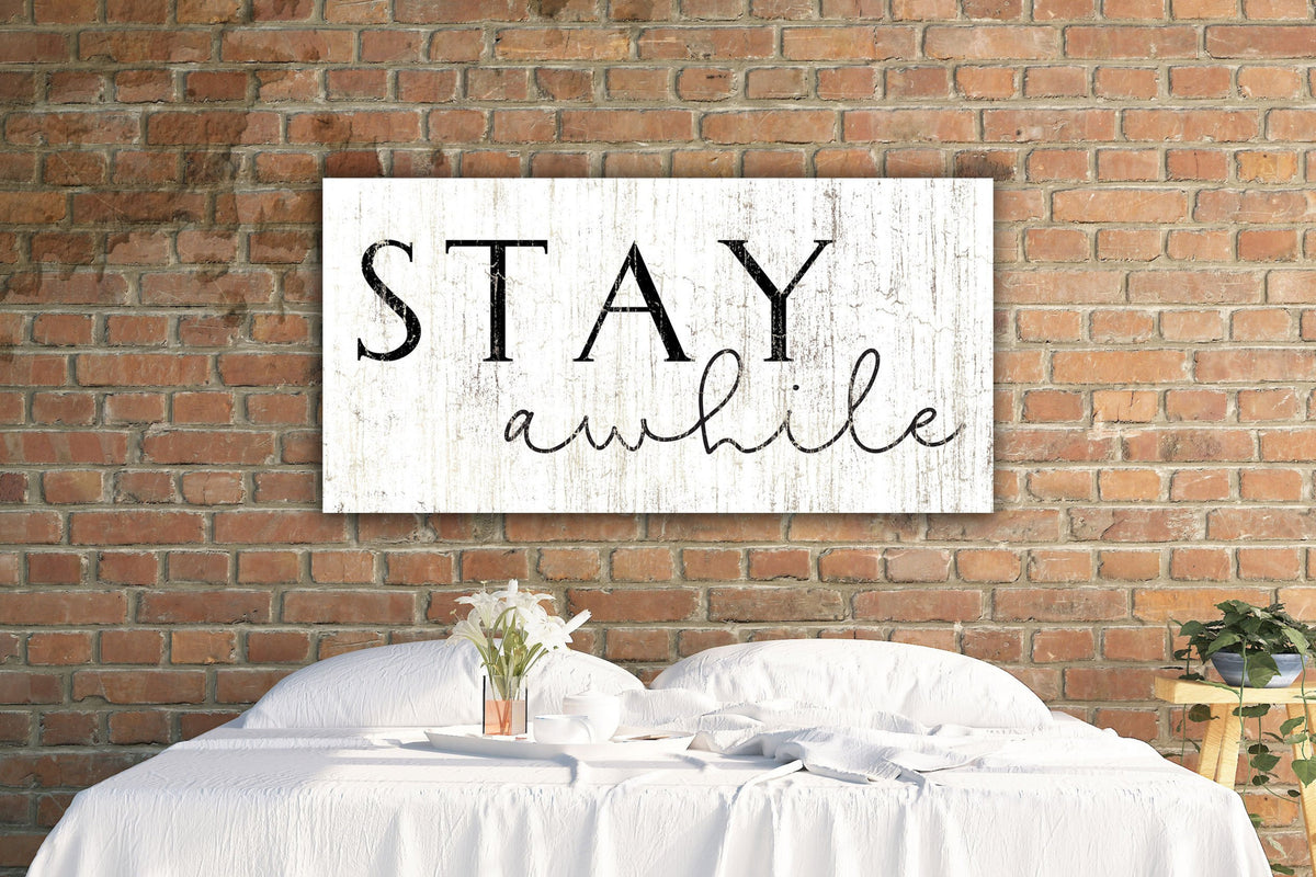 Modern Farmhouse Stay Awhile Canvas Art Print, Black And White Welcome Entryway Sign, Minimalist Wall Decor For Foyer, Neutral Greeting Art