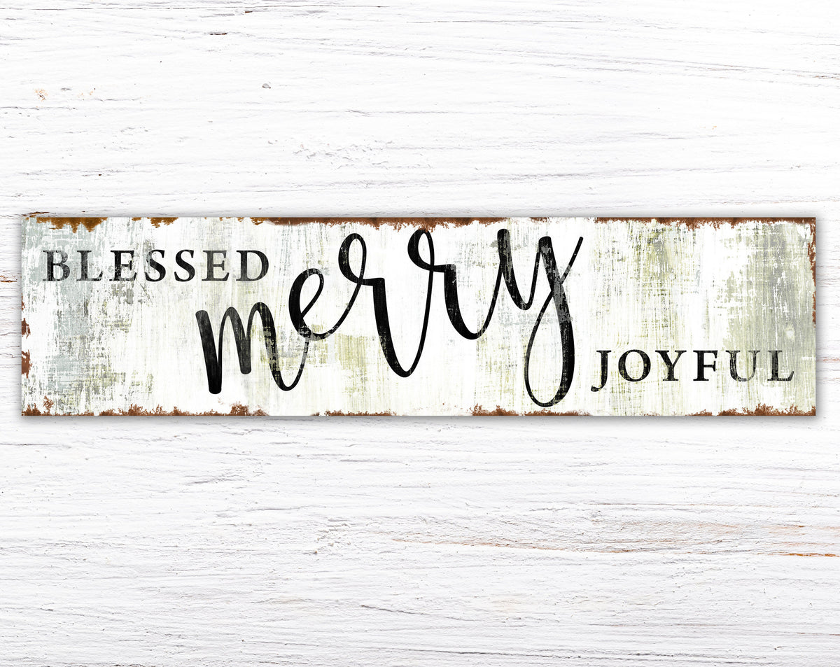 Vintage Blessed Merry Joyful Rustic Christmas Sign, Modern Farmhouse Seasonal Wall Decor Print, Primitive Country Holiday Art Decorations