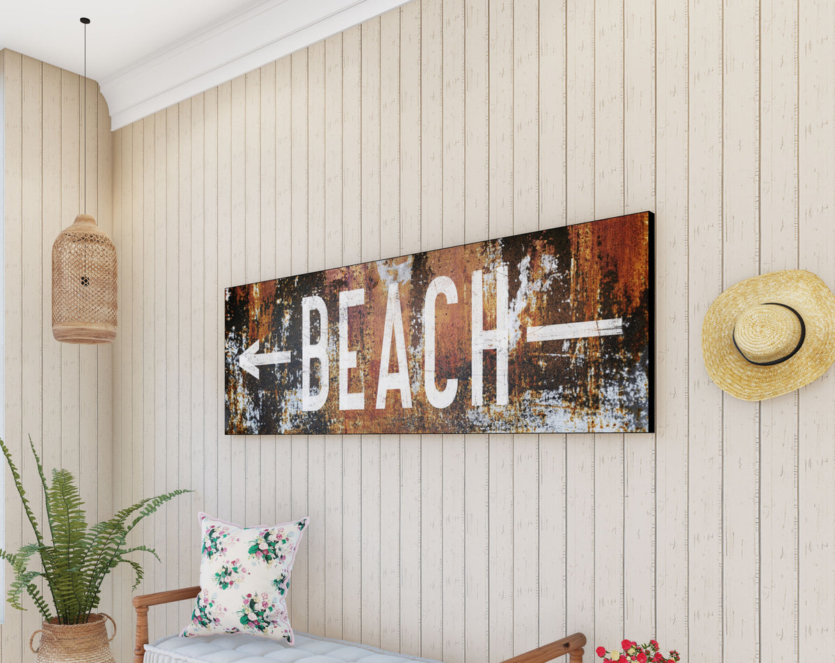 Industrial Rustic Beach House Decor Directional Arrow Beach Sign Coastal Farmhouse Wall Decor Living Room Mantel Modern Canvas Art Print