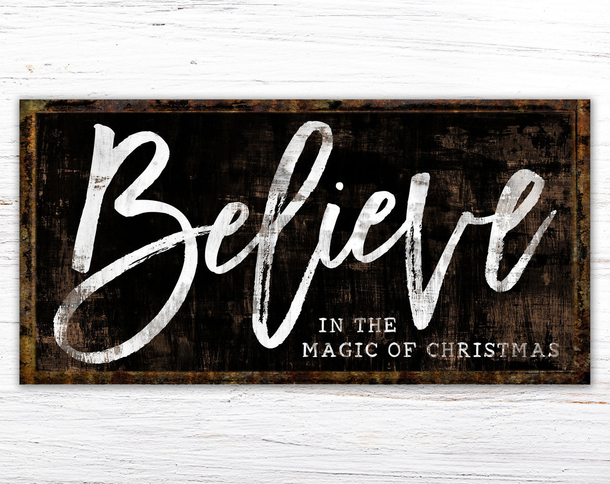 Believe In The Magic Of Christmas Sign, Modern Farmhouse Wall Decor Large Canvas Art Print, Cozy Festive Vintage Holiday Mantel Decoration