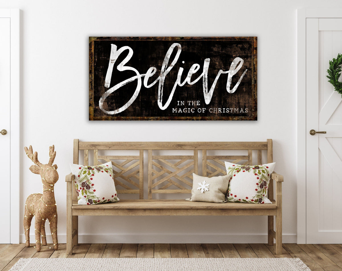 Believe In The Magic Of Christmas Sign, Modern Farmhouse Wall Decor Large Canvas Art Print, Cozy Festive Vintage Holiday Mantel Decoration