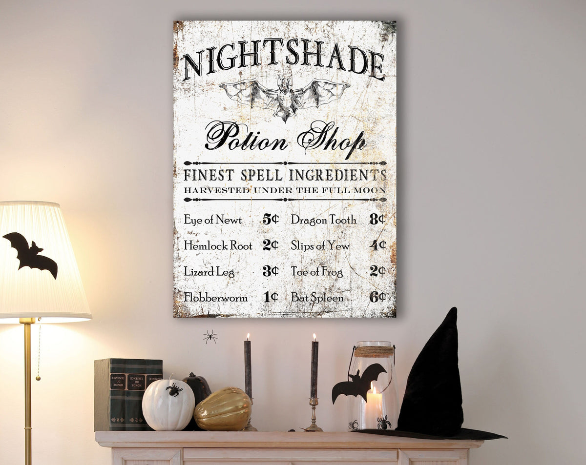 Spooky Halloween Decor Nightshade Bat Potion Shop Fall Holiday Canvas Wall Art, Creepy Gothic Home Mantel Decoration Primitive Fall Sign