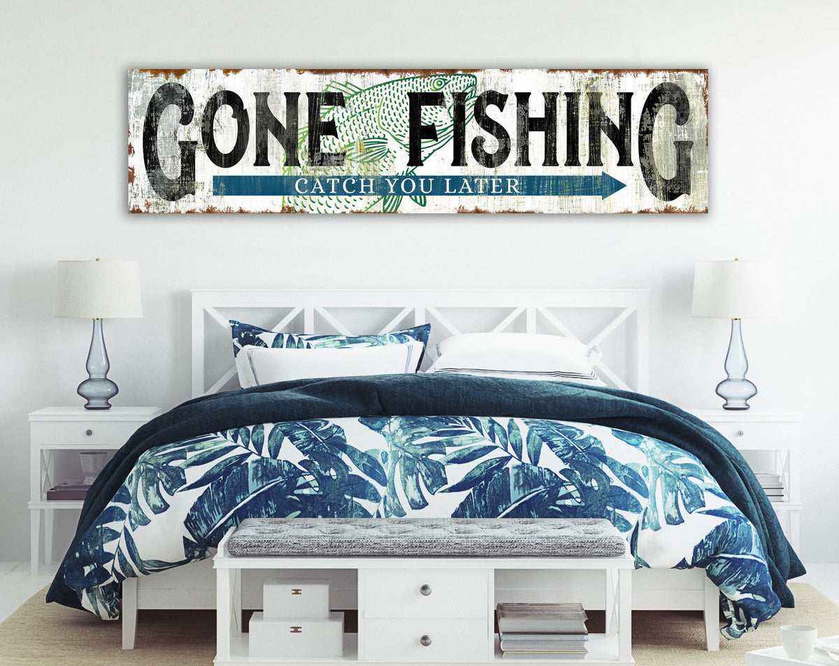 Coastal Farmhouse Wall Decor Rustic Chic Gone Fishing Sign, Industrial Modern Living Room Sign Wall Art Print, Country Cottage Home Decor