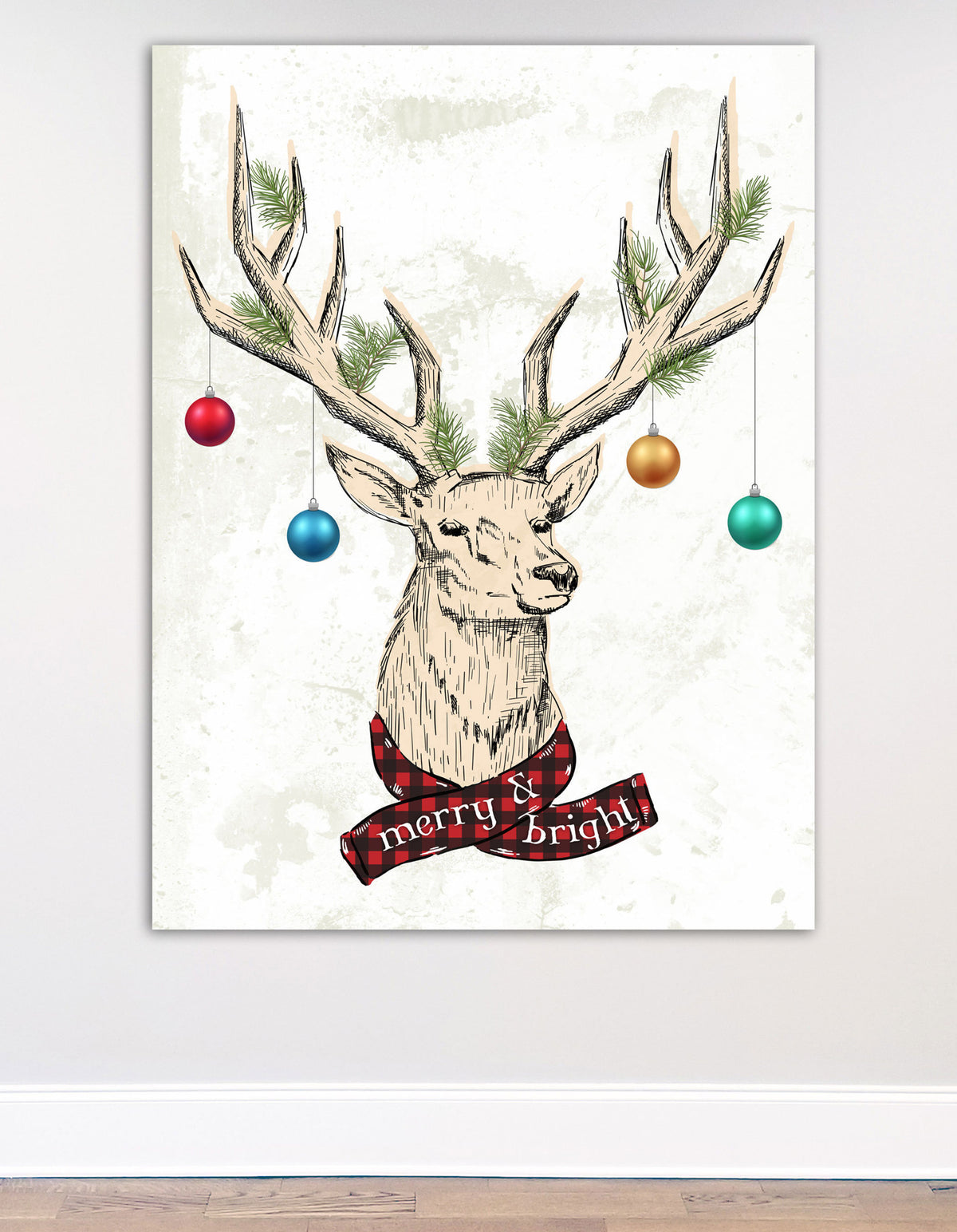 Fun Christmas Wall Decor, Merry & Bright Reindeer Antlers With Hanging Ornaments, Retro Vintage Holiday Canvas Art Print, Festive Decoration